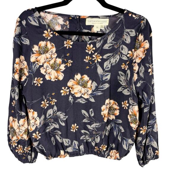 Saltwater Luxe Floral Top, Size Medium, Blue Gray Floral, Keyhole Back, Cropped - Picture 1 of 6